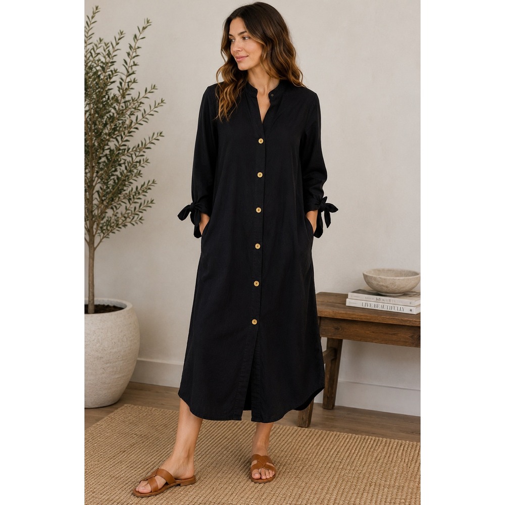 LACAUSA Black 100% Cotton Button Down Midi Shirt Dress Tie Sleeve Small LA30180